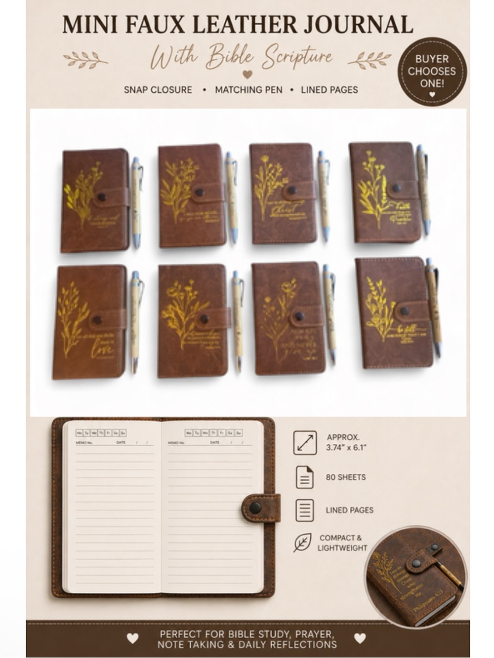 Mini Faux/Vegan Leather Religious Journal with Matching Pen - CHOOSE ONE